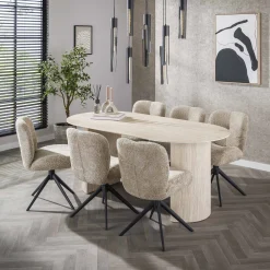 7er Essgruppe Retro Arch Organic 180 Travertin Keramik + Stühle Comfort-Vintagehaus Sale