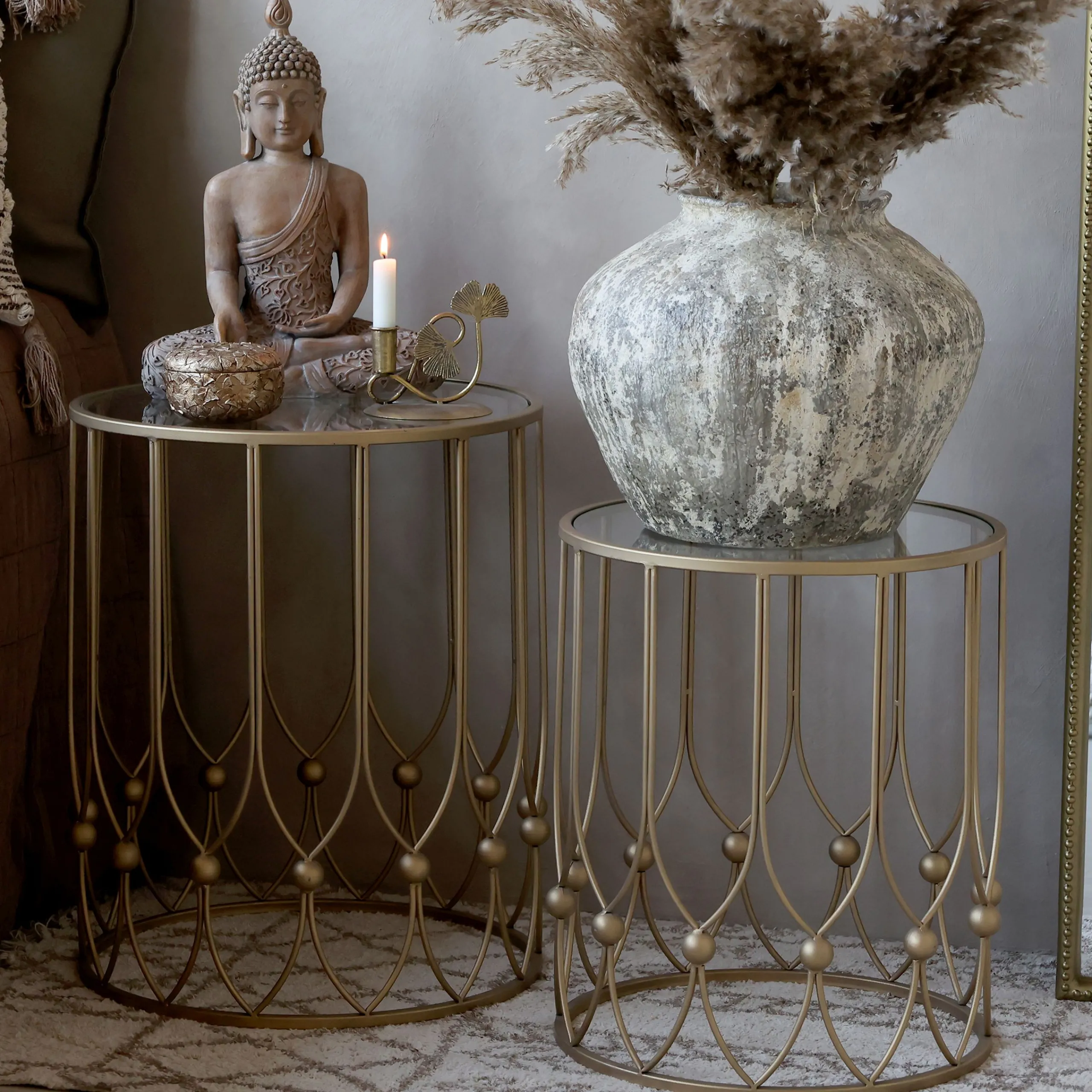 2er Set Vintage Beistelltisch Couchtisch Camille Gold Metall Glasplatte-Chic Antique Discount