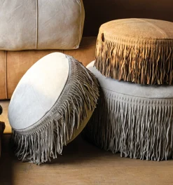 Hocker Leder Carla Pouf Camel Fransen 50 Ø-PTMD Hot