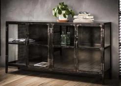 Industrial Sideboard Rift Gun Metall Glas 4türig Vitrine Used-Look-Vintagehaus Sale