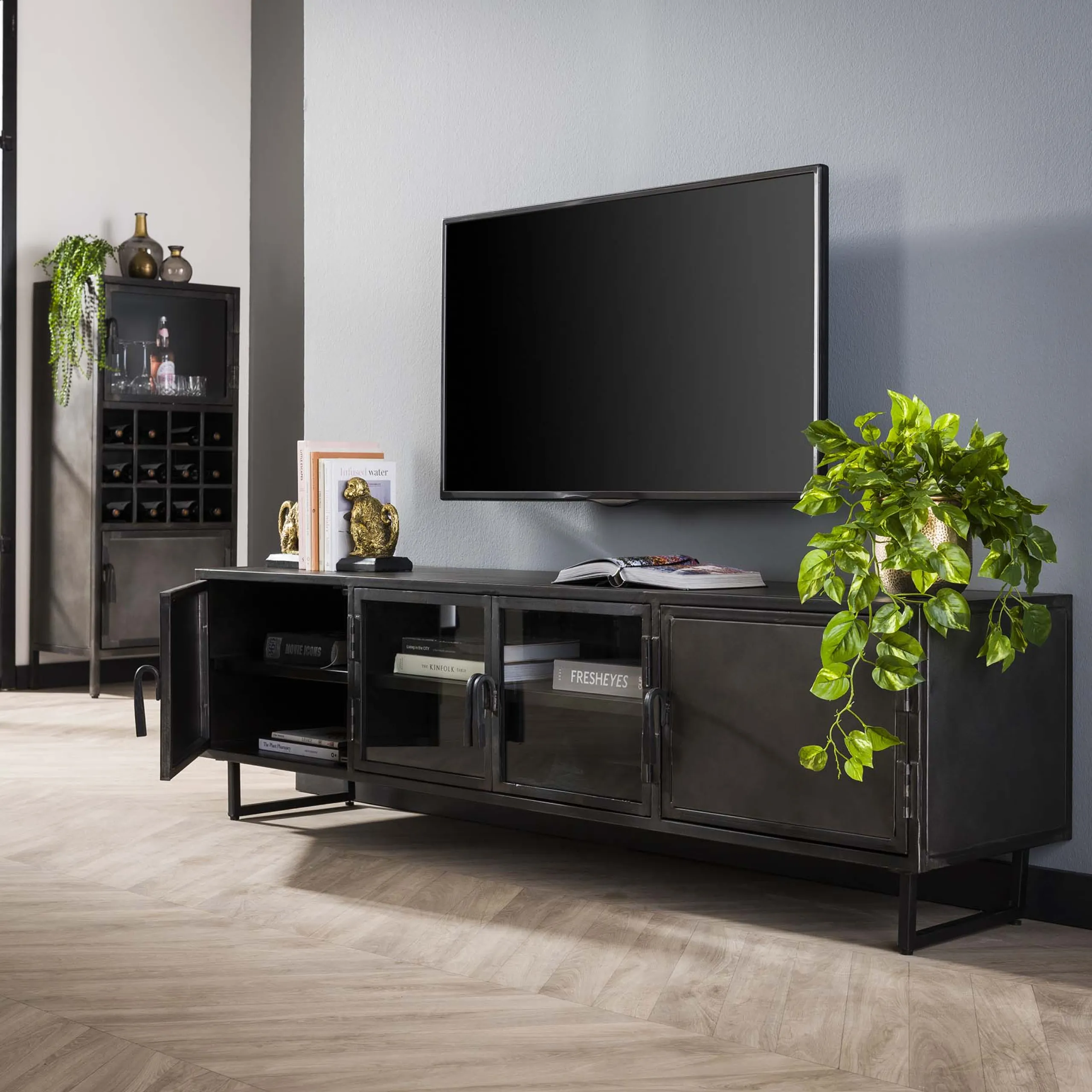 Industrial TV-Board Lowboard Rift Gun Metall Glas-Vintagehaus Hot