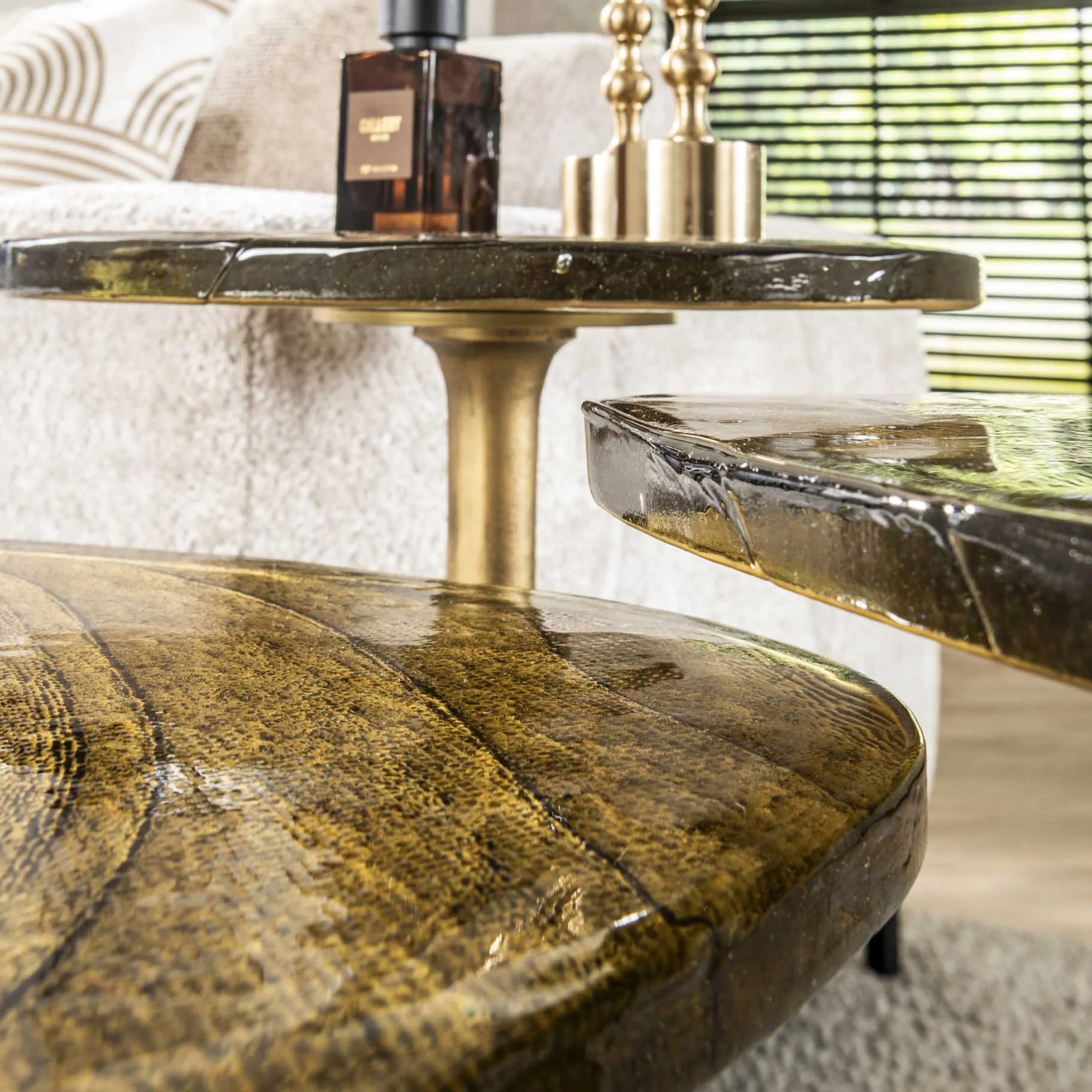 Retro Beistelltische Eclipse Glas Metall Antik-Gold M-Vintagehaus