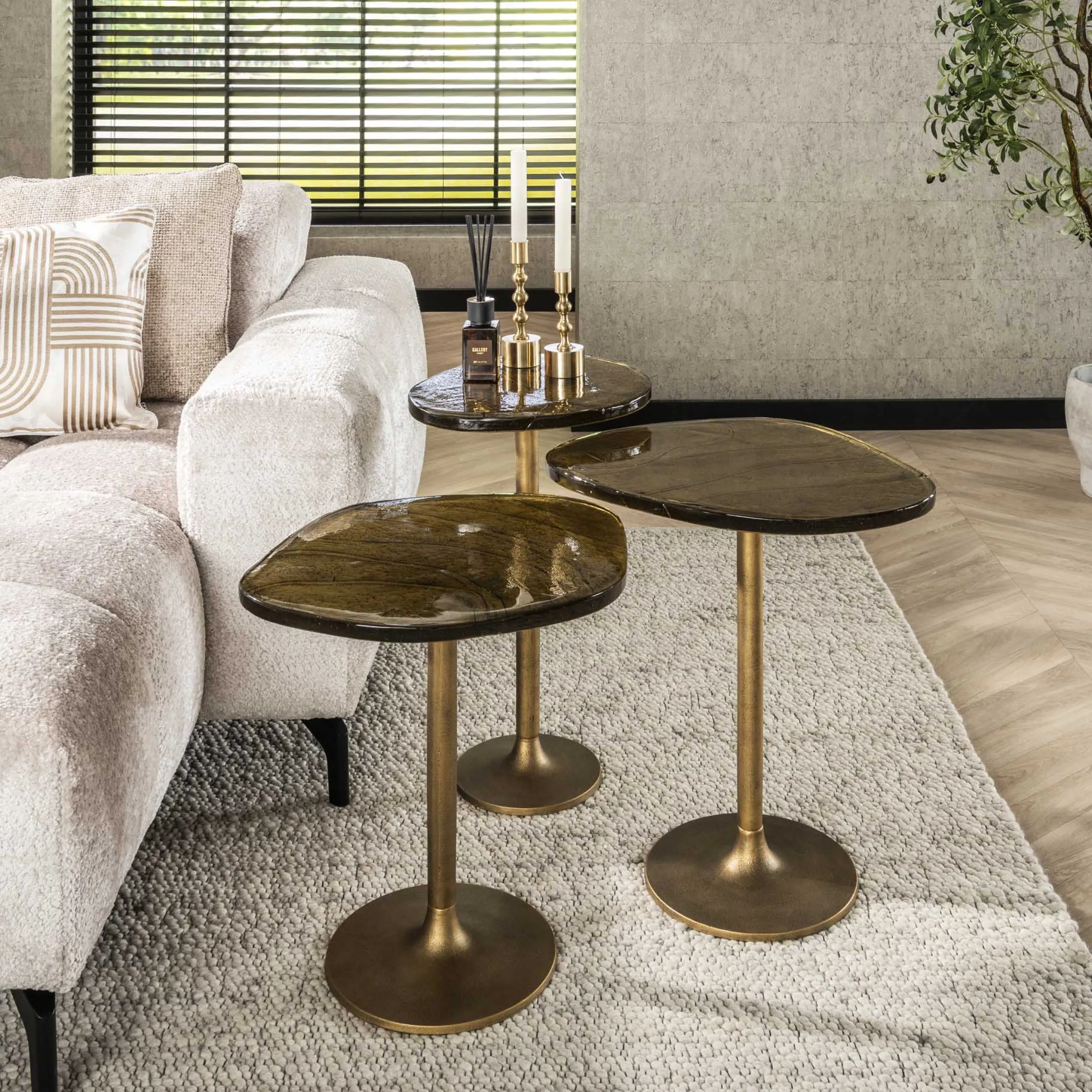 Retro Beistelltische Eclipse Glas Metall Antik-Gold M-Vintagehaus