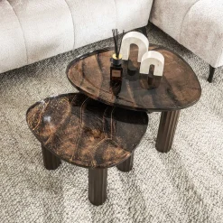 Retro Beistelltische Eclipse Glas Metall Dreibeinig Antik-Kupfer S-Vintagehaus Sale