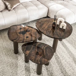 Retro Beistelltische Eclipse Glas Metall Dreibeinig Antik-Kupfer S-Vintagehaus Sale