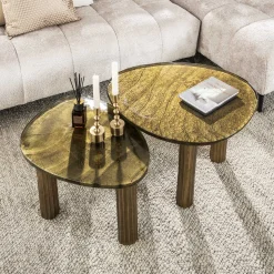 Retro Beistelltische Eclipse Glas Metall Dreibeinig Antik-Gold M-Vintagehaus