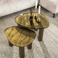 Retro Beistelltische Eclipse Glas Metall Dreibeinig Antik-Gold M-Vintagehaus