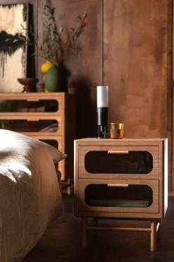 Retro Nachttisch Beistelltisch Caroun Bambus Rauchglas-DutchBone Best