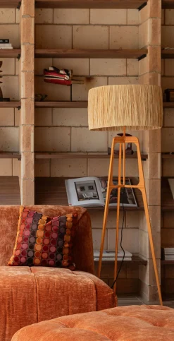 Retro Stehlampe Afra Metallgestell mit Bastschirm in orange-DutchBone