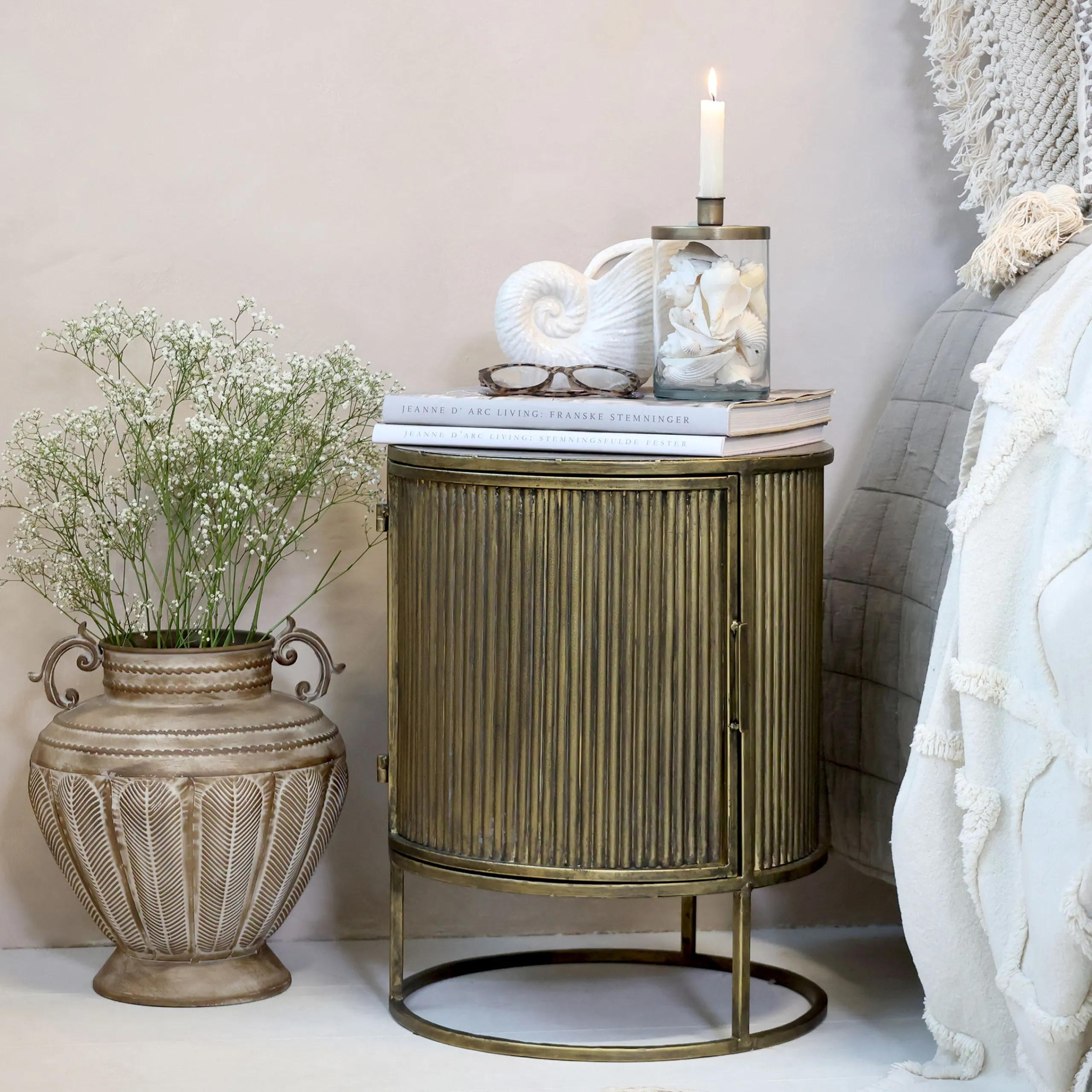 Vintage Beistelltisch Nachttisch Remi Rillenoptik Metall Antik-Messing-Chic Antique Discount