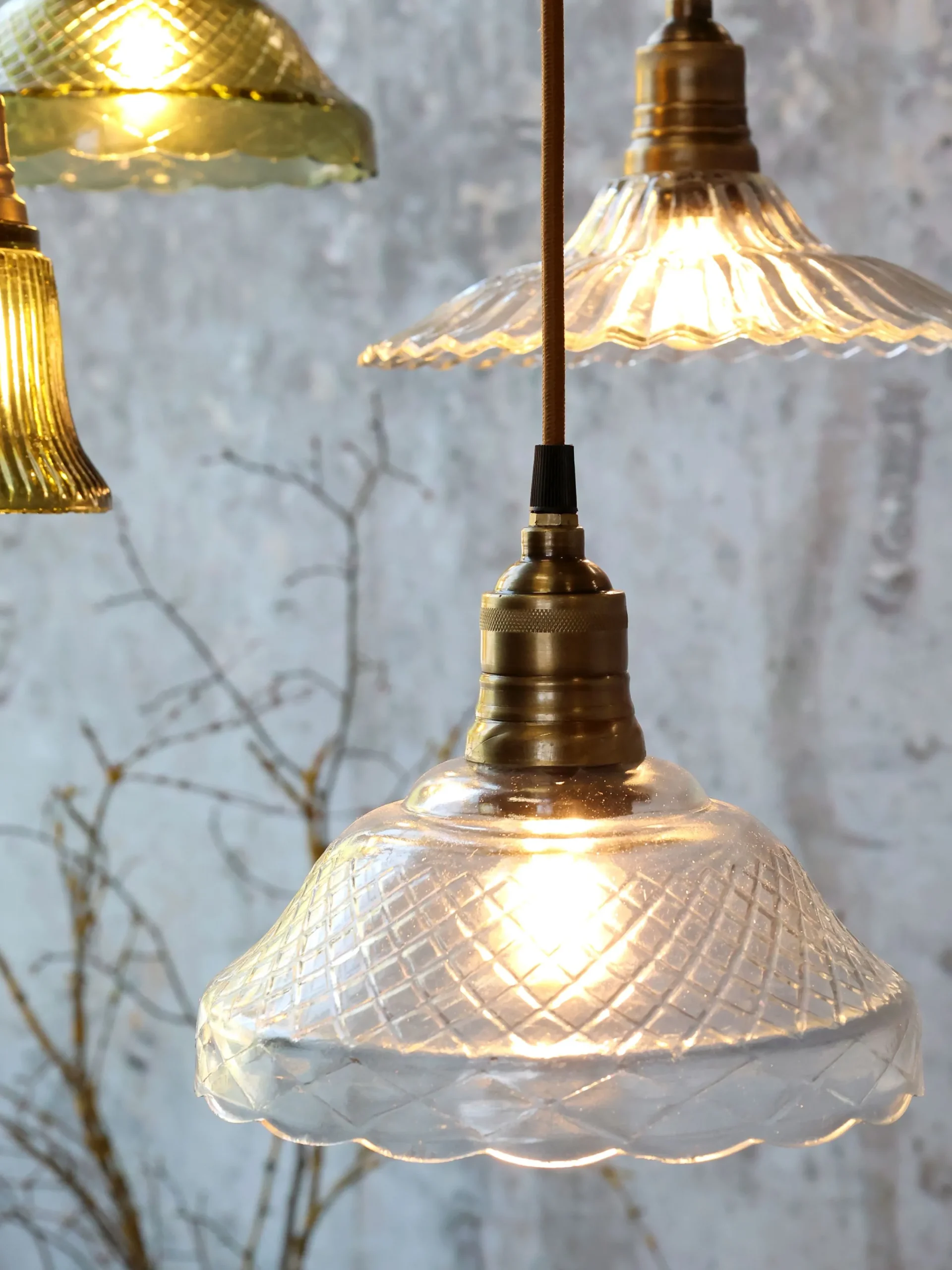 Vintage Hängelampe Jardin Glas Messingfassung Modell 6 Klarglas-Chic Antique Clearance