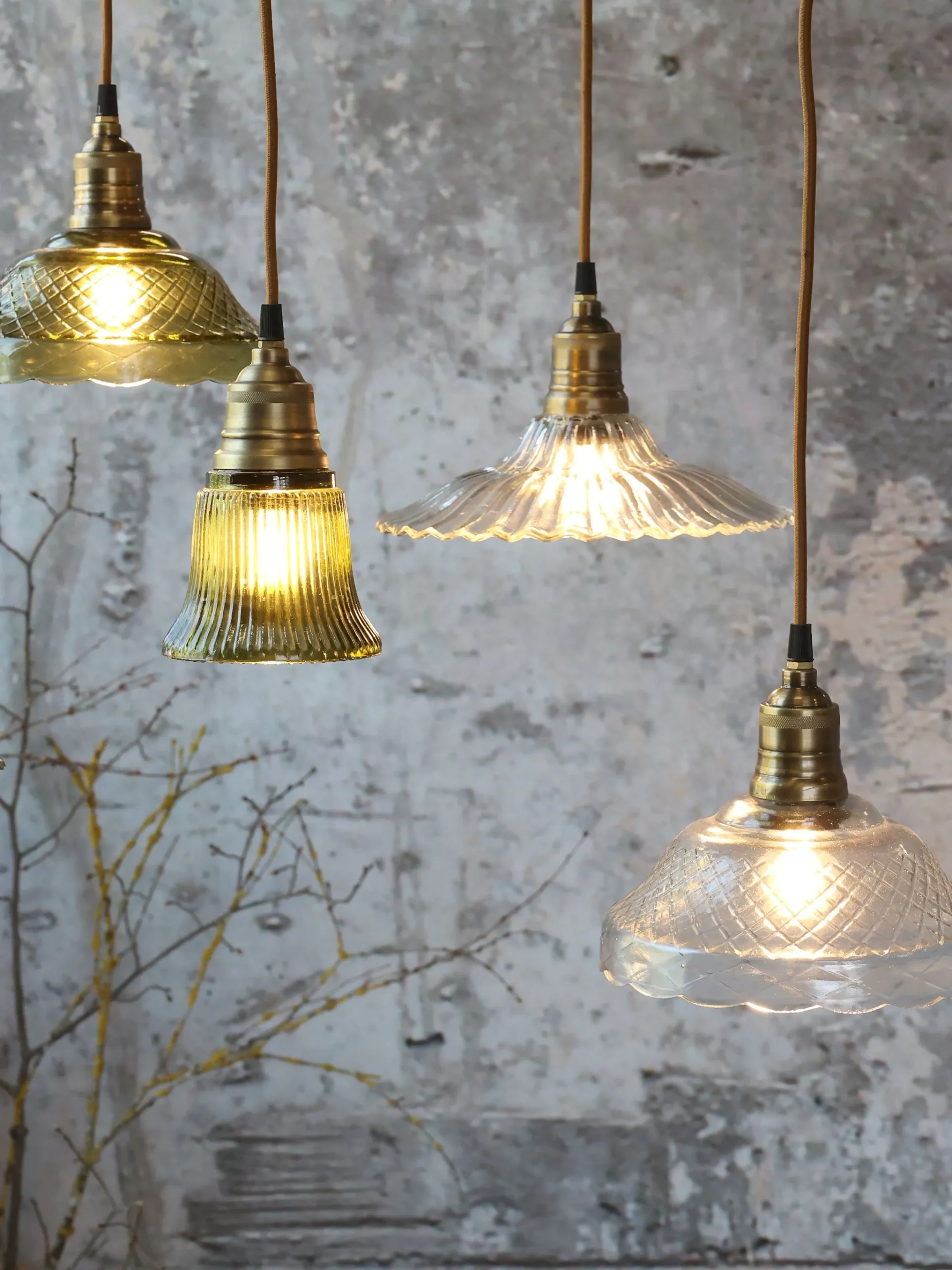 Vintage Hängelampe Jardin Glas Messingfassung Modell 4 Klarglas-Chic Antique