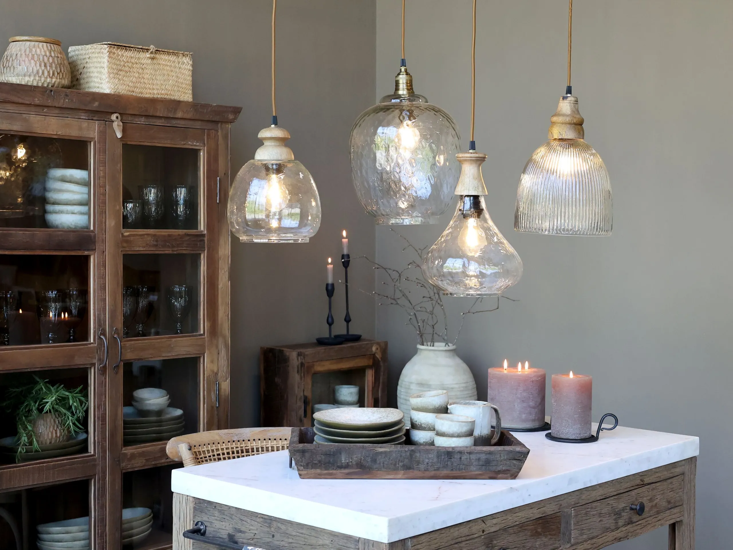 Vintage Hängelampe Maison De Campagne Glas Mangoholz Rund-Chic Antique Hot