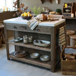 Vintage Kücheninsel Anrichtetisch Grimaud recyceltes Holz und Marmorplatte-Chic Antique Online