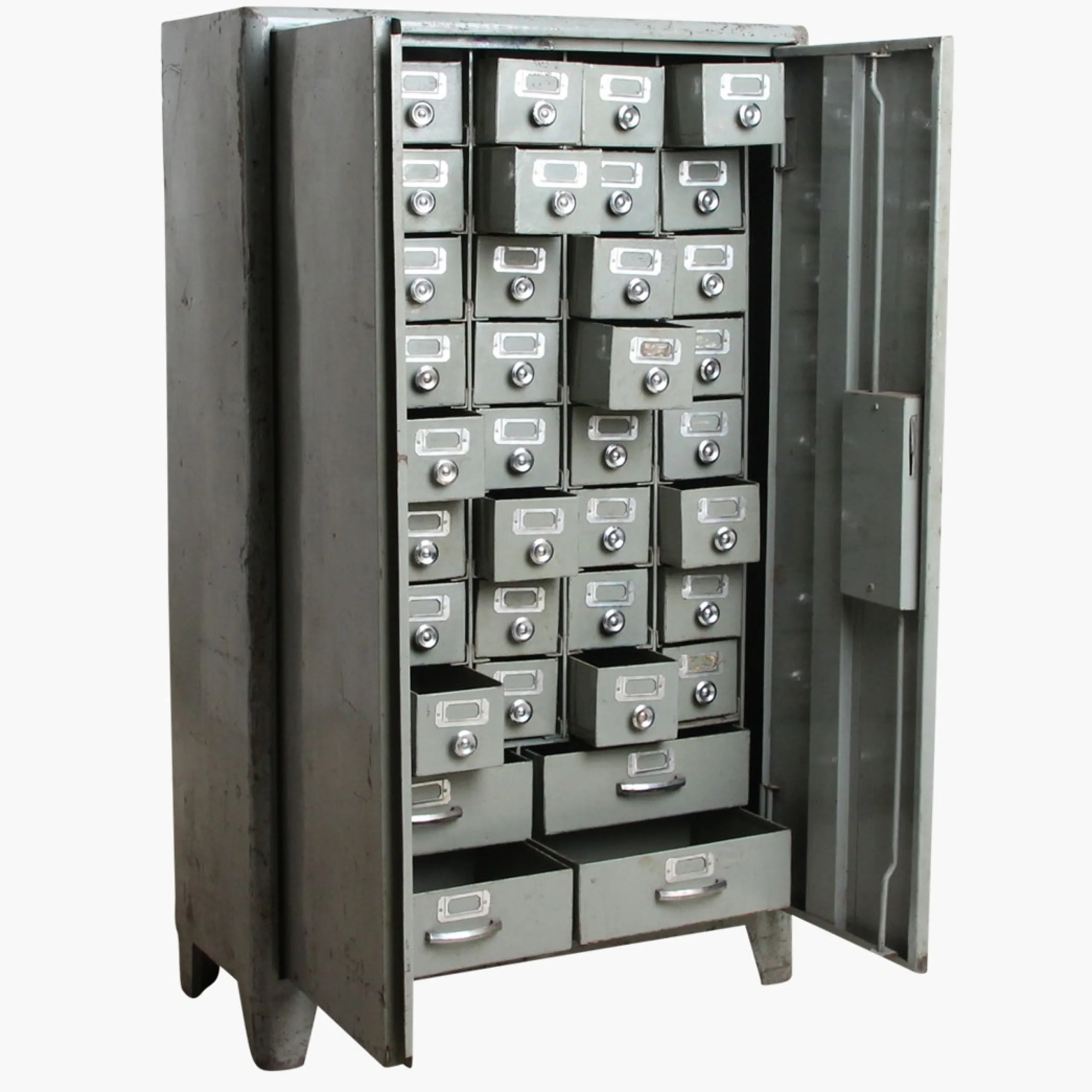 Vintage Metallschrank Büroschrank 44 Schubladen graugrün - Einzelstück-Raw Materials Online